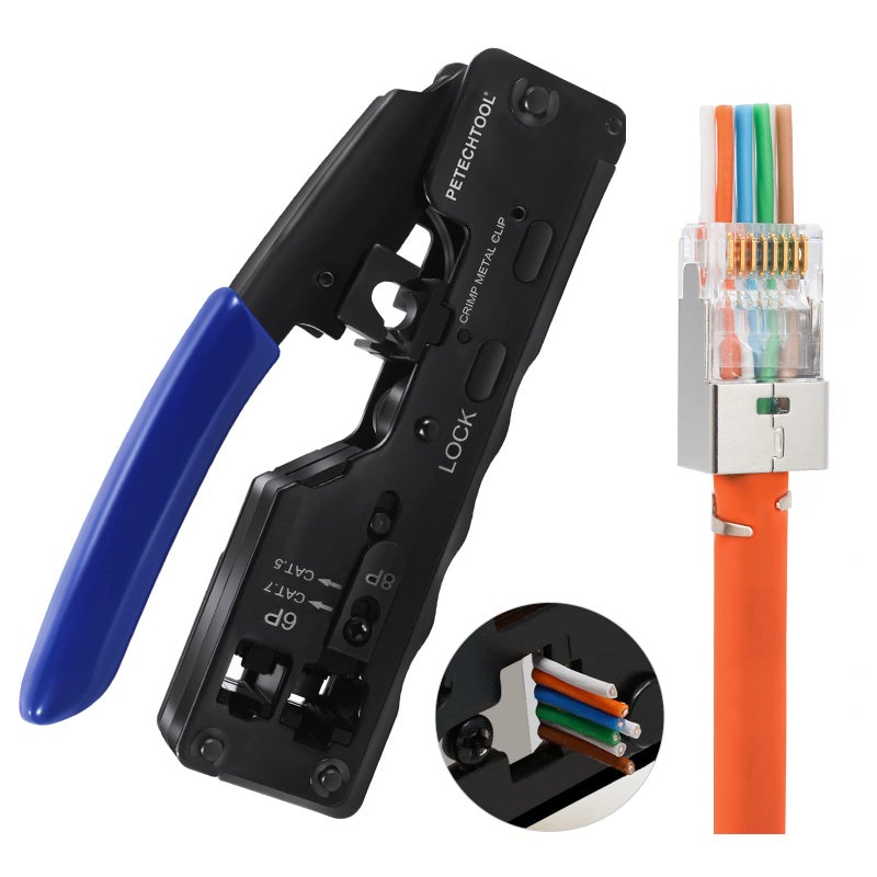 PETECHTOOL RJ45 Crimp Tool Ethernet Crimper for Cat7 Cat6A Cat5e Cat5 RJ45 Pass Through Connector and 6P Telephone Plug - Image 1
